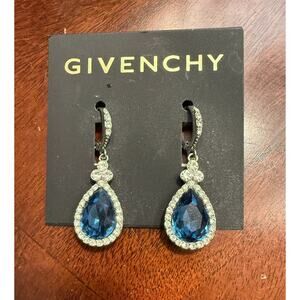 Silver Blue Teardrop Crystal Dangle Earrings Rhinestone Glam Statement Jewelry